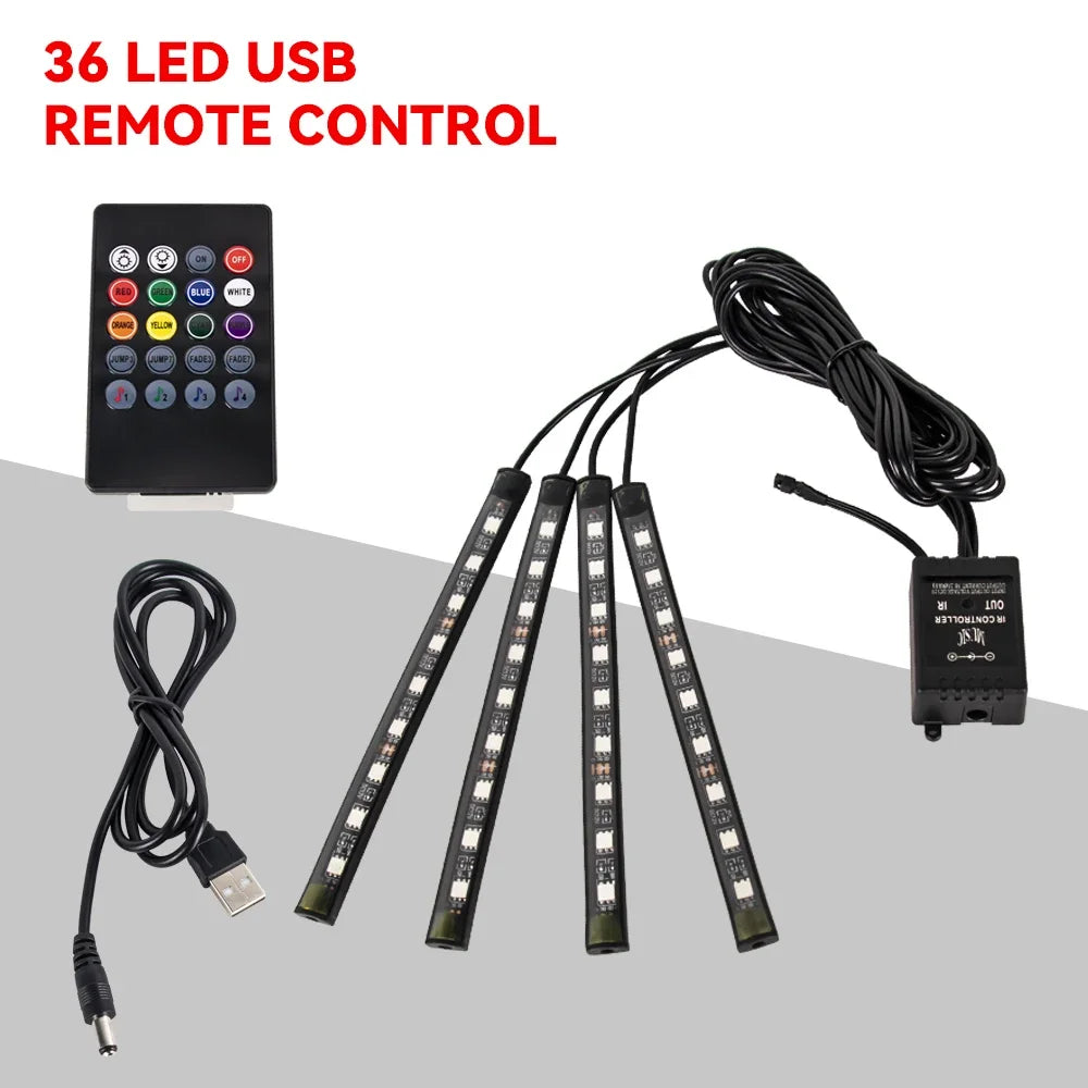 Neon 36 48 72 LED Car Interior Ambient Foot Light with USB Wireless Remote Music APP Control Auto RGB Atmosphere Decorative Lamp