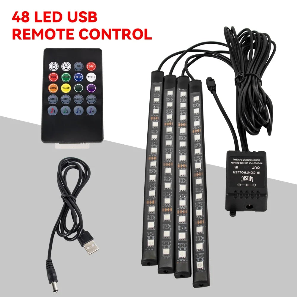 Neon 36 48 72 LED Car Interior Ambient Foot Light with USB Wireless Remote Music APP Control Auto RGB Atmosphere Decorative Lamp
