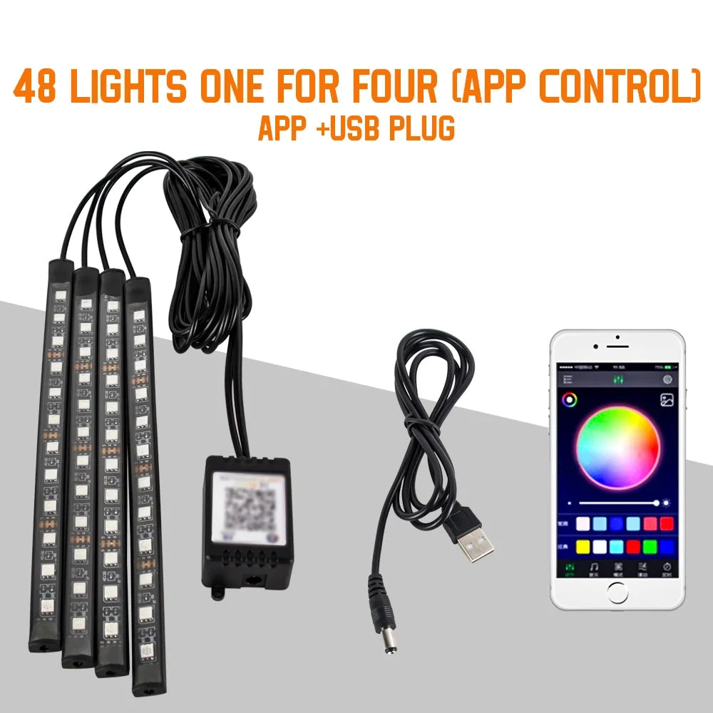 Neon 36 48 72 LED Car Interior Ambient Foot Light with USB Wireless Remote Music APP Control Auto RGB Atmosphere Decorative Lamp